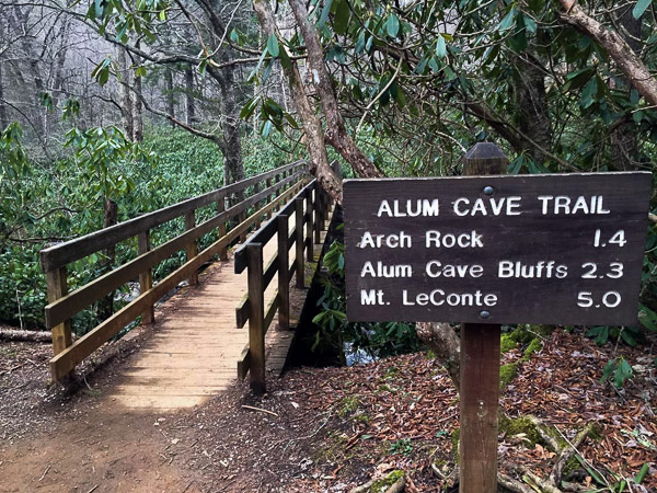 Fun things to do in Hendersonville NC : Sign for Mt LeConte and Alum Cave in Smoky Mtns Park, TN. 